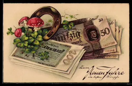 AK Neujahr, Hufeisen, Fliegenpilz, Kleeblatt, Geldscheine