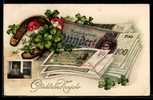 AK Hufeisen, Kleeblätter, Fliegenpilze u. Geldscheine, aufgeklebtes Foto mit Kleinkind, Neujahrsgruss