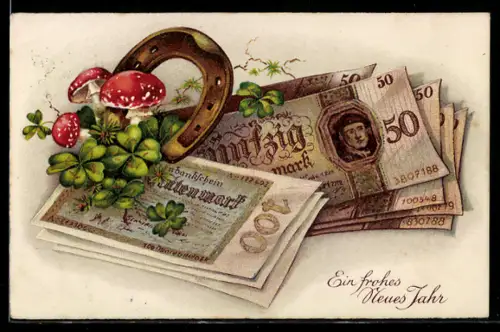 AK Geldscheine, Glücksklee, Fliegenpilze und Hufeisen