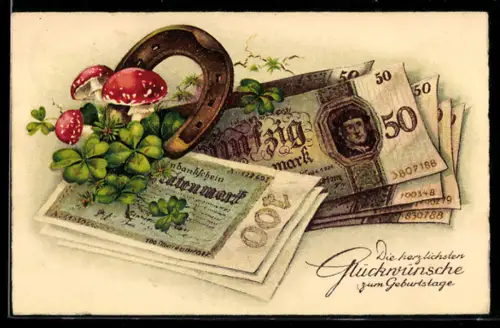 AK Hufeisen, Kleeblätter, Fliegenpilze u. Geldscheine, Geburtstagsgruss