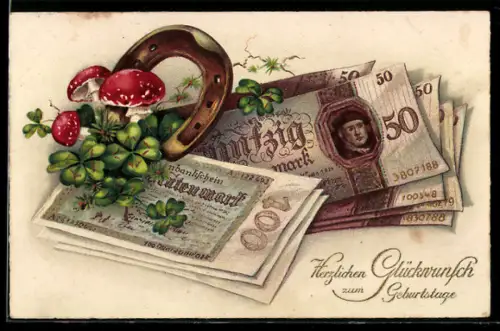 AK Hufeisen, Kleeblätter, Fliegenpilze u. Geldscheine, Geburtstagsgruss