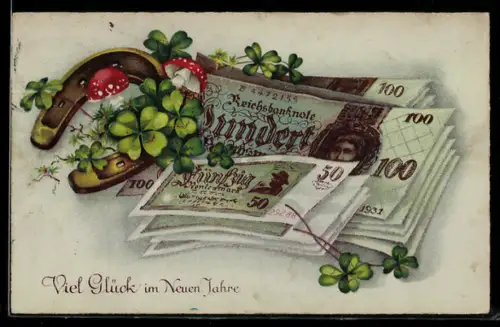 AK Ein frohes neues Jahr, Klee, Hufeisen, Fliegenpilze und Geld