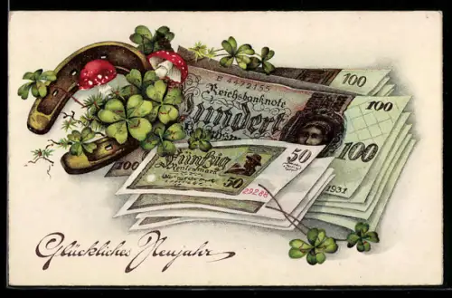 AK Ein frohes neues Jahr, Klee, Hufeisen, Fliegenpilze und Geld