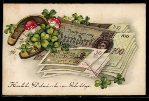 AK Hufeisen, Kleeblätter, Fliegenpilze u. Geldscheine, Geburtstagsgruss