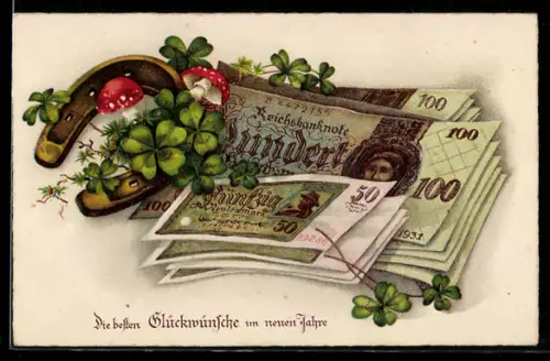 AK Ein frohes neues Jahr, Klee, Hufeisen, Fliegenpilze und Geld