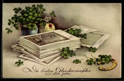 AK Geldscheinstapel, Glücksklee, Geldsack, Hufeisen, Neujahrsgruss