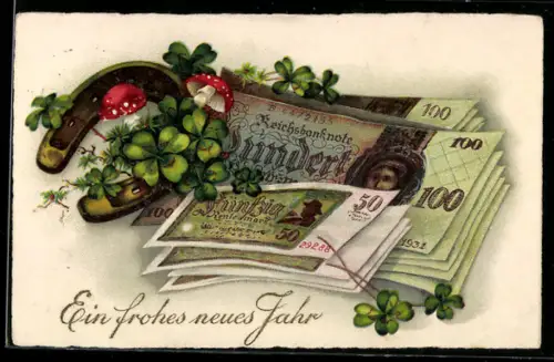 AK Reichsbanknoten und Hufeisen, Fliegenpilz, Kleeblatt