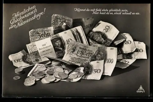 AK Kannst du mit Geld..., Geldscheine und Münzen, Namenstagsgruss