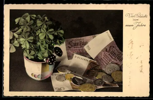 AK Geldscheine und Münzen, Klee, Neujahr