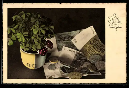 AK Geldscheine und Münzen, Klee, Neujahr