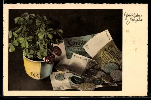 AK Glücksklee im Topf mit Fliegenpilzen, Geldscheine u. Münzen, Neujahrsgruss