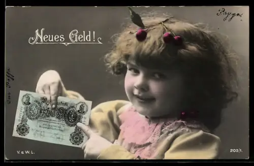 AK Kleines Mädchen zeigt auf einen Geldschein