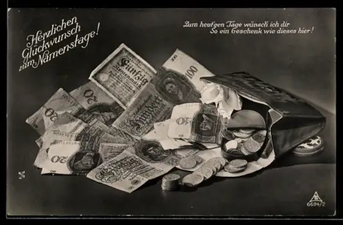 AK Handtasche mit Geldscheinen, Geldbörse mit Münzen, Döschen, Namenstagsgruss