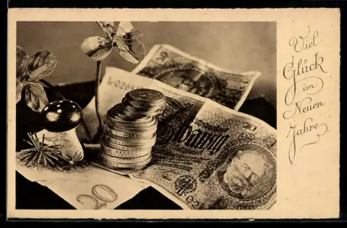 AK Gelscheine- und Münzen mit Fliegenpilz und Kleeblättern