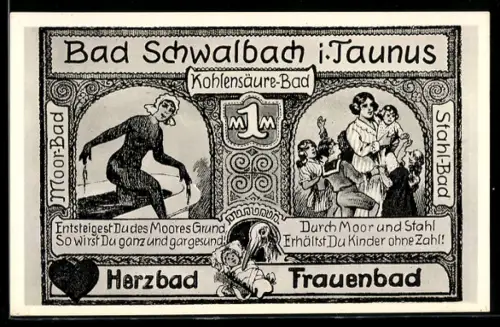 AK Bad Schwalbach, Frau im Moorbad, Kinder im Stahlbad, nach dem Original eines Notgeldscheines von 1920-1922