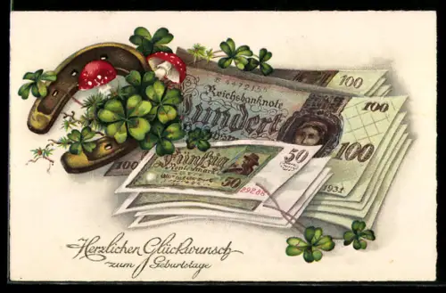 AK Hufeisen, Kleeblätter, Fliegenpilze u. Geldscheine, Geburtstagsgruss