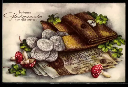 AK Portemonnaie mit Geldmünzen- und Scheinen, Fliegenpilze, Neujahrsgruss