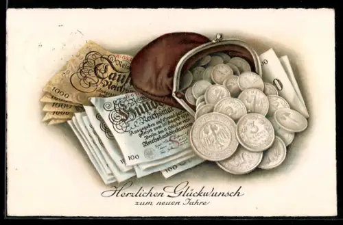 AK Geldscheine und Börse voller Münzen