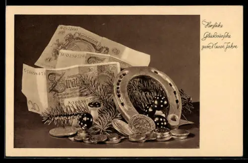 AK Geldscheine u. Münzen, Tannenzweig, Hufeisen, Fliegenpilze, Neujahrsgruss