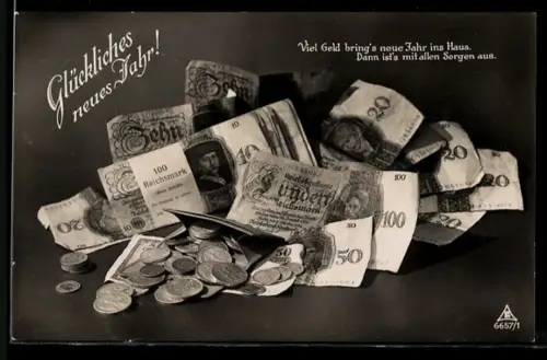 AK Viel Geld..., Geldbörse mit Münzen, Banknoten, Neujahrsgruss