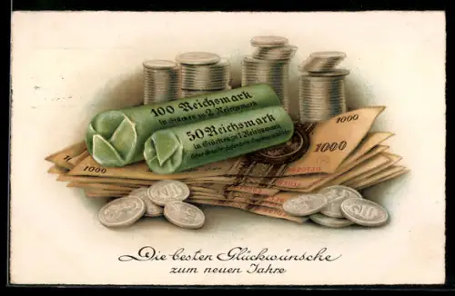AK Glückwunsch zum neuen Jahre, Münzrollen