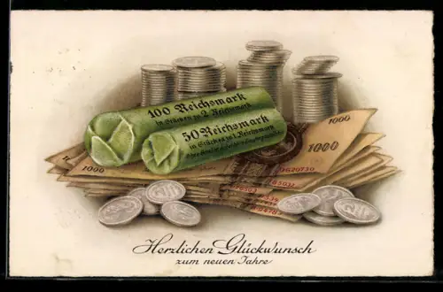 AK Geldmünzen in Rollen 100 Reichsmark und Banknoten