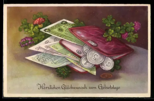 AK Rote Geldbörse mit Scheinen u. Münzen, Glücksklee, Fliegenpilz, Geburtstagsgruss