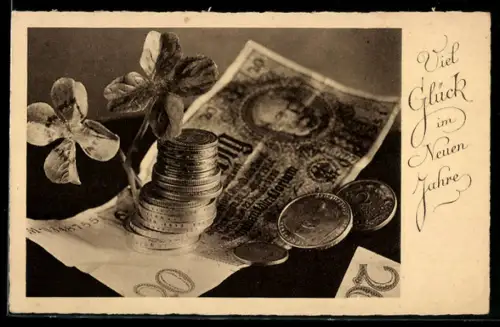 AK Münzen stapeln sich auf Geldschein