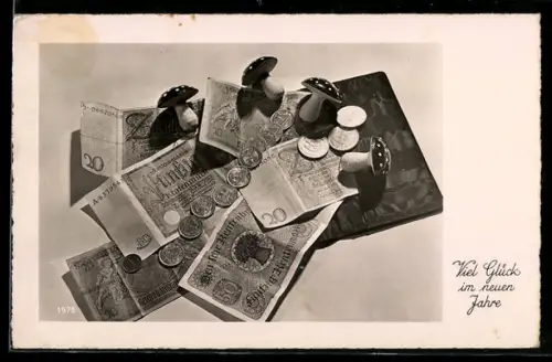 AK Brieftasche, Geldscheine, Münzen, Fliegenpilze, Neujahrsgruss