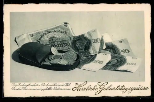AK Geldbörse mit Münzen, Geldscheine, Geburtstagsgruss