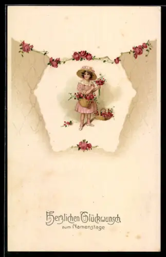 AK Mädchen mit Rosen, Namenstag