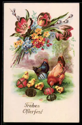 AK Osterküken und Hennen mit Ostereiern