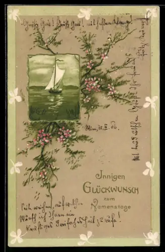 AK Segelboot auf einem stillen See, Namenstag