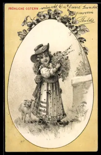 AK Mädchen mit Blumen und Osterlamm, Ostern