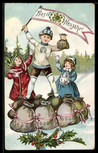 Künstler-AK Neujahrsgruss, Kinder mit Geldsäcken, Stechpalme, Kleeblatt