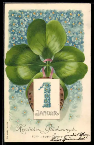 Präge-AK Kleeblatt von Vergissmeinnicht umgeben, Neujahrsgruss