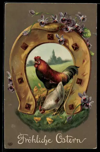 Präge-AK Osterküken und Hühner von in einem goldenen Hufeisen