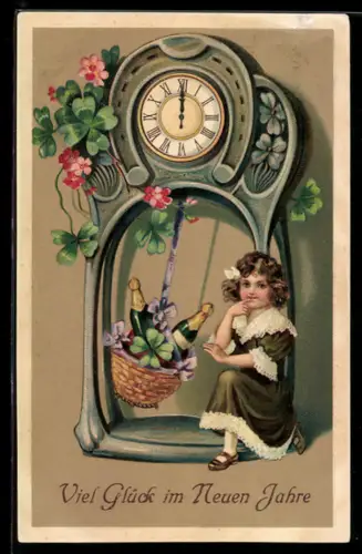 AK Kind sitzt unter einer Uhr neben einem Korb mit Sekt und Klee, Neujahrsgruss