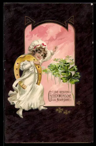 AK Mädchen mit Hufeisen in Feld voll Kleeblätter wünscht gutes neues Jahr