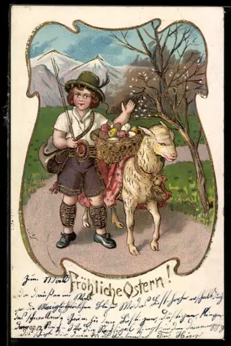 AK Junge mit Lamm und Ostereiern, Ostergruss