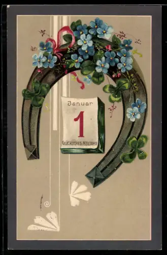 Präge-AK Hufeisen mit Vergissmeinnicht und Klee geschmückt, Neujahrsgruss