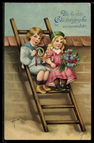 AK Zwei Kinder mit Posthorn und Blumenstrauss auf einer Leiter, Vergissmeinnicht und Rosen, Neujahrsgruss