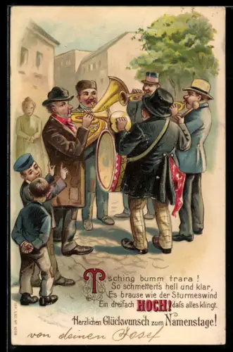 Präge-AK Orchester mit diversen Instrumenten in einem Ort, Namenstagsgruss