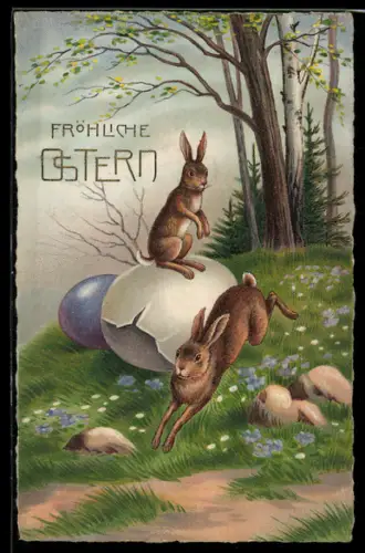 AK Osterhasen bei zerbrochenen Eiern auf einer Wiese mit Vergissmeinnicht