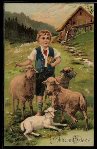 AK Vesele velikonoce, Ostergruss, Junge in Tracht mit Schafen vor der Mühle