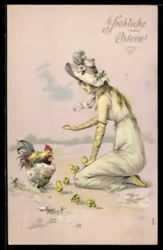 AK Frau mit schönem Hut füttert Hahn, Henne und Kücken