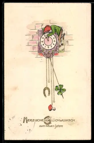 AK Zwerg verstellt die Uhr an der Klee und Glückspilz hängen, Neujahrsgruss
