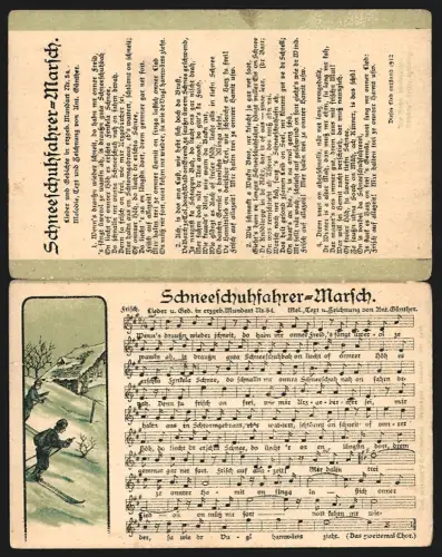 Klapp-Lied-AK Anton Günther Nr. 54: Schneeschuhfahrer-Marsch mit Noten, Text und Skifahrern