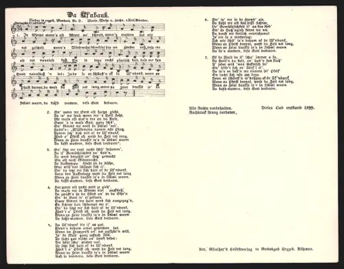 Klapp-Lied-AK Anton Günther NR 9: Da Uf`nbank, Wanderer läuft durch den Schnee, Männer sitzen auf der Ofenbank