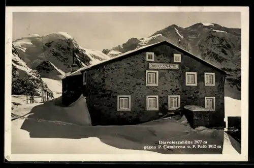 AK Diavolezzahütte, Winteransicht mit P. Cambrena u. P. Palü
